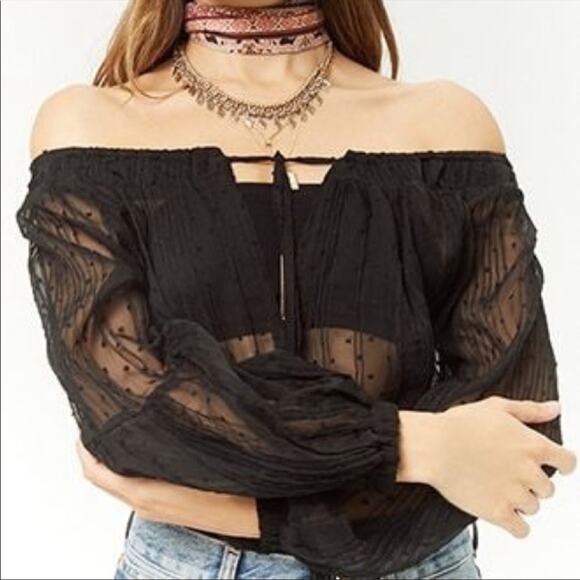 NWT Selfie Leslie Black Off Shoulder Sheer ClipDot Balloon Sleeve Bodysuit Small - Picture 1 of 11